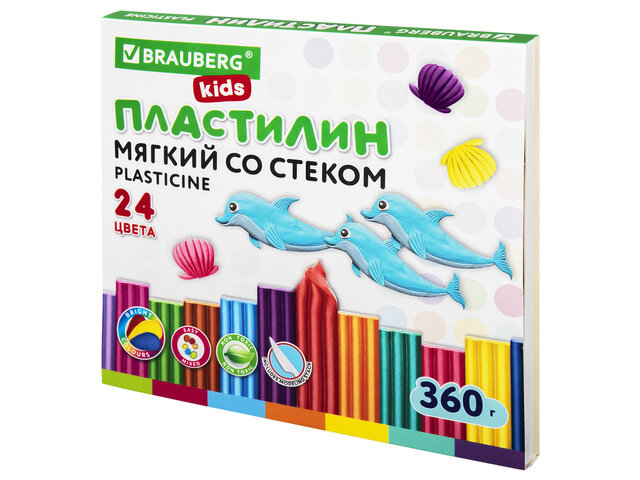 Пластилин восковой BRAUBERG KIDS, 24 цвета, 360 г, со стеком