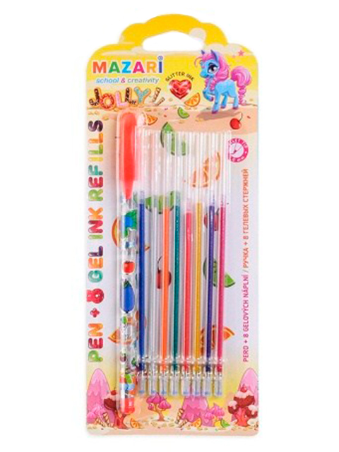 Набор Mazari "Jolly" ручка+ 8 гелевых стержней с блестками, в блист.упак