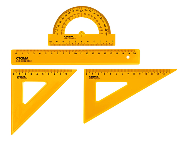 Набор чертежный "СТАММ", размер М (линейка 20см, 2 треугольника, транспортир), неон