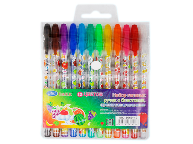 Набор гелевых ручек "Basir. Фрукты" ароматизир. с блестками, 12цв. в упак.