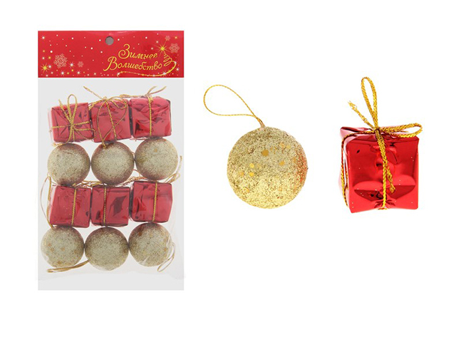 Набор елочных украшений Ассорти (шары и подарки), набор 12 шт.