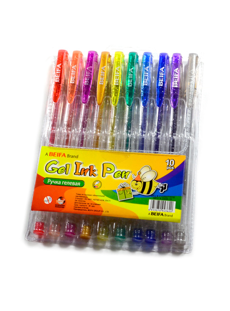 Набор гелевых ручек "BIEFA. Пчелка" 10цв., с блестками, ПВХ упак.