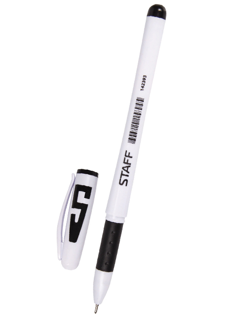 Ручка гелевая STAFF, корпус белый, игольчатый узел 0,5 мм, линия 0,35 мм, резиновый упор, черная, 142393