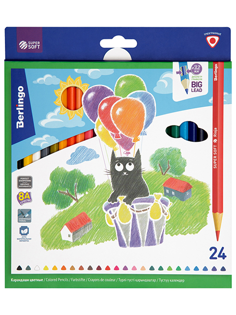 Карандаши цветные Berlingo "Super Soft. Жил-был кот" 24 цвета, деревянные, заточенные, трехгранные, в картонной упаковке
