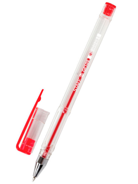 Ручка гелевая STAFF "GP109", корпус прозрачный, узел 0,5 мм, линия 0,35 мм, красная