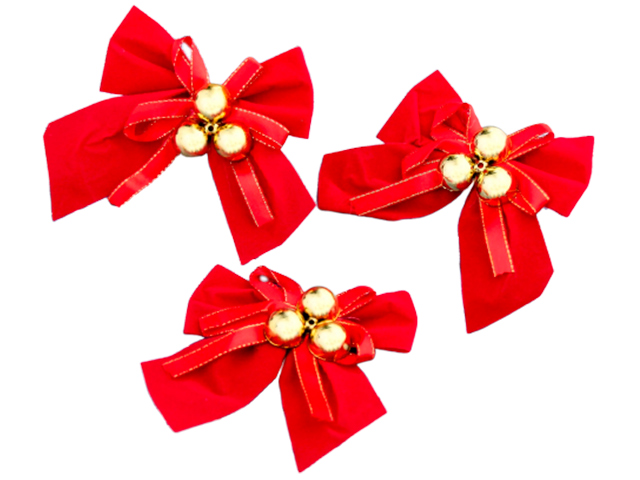 Новогоднее украшение "Бант" красный с бубенчиками, 10х10 см, 3 штуки в наборе