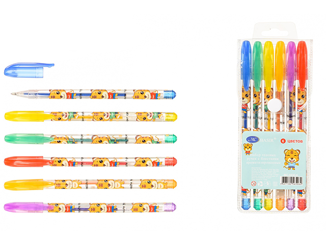 Набор гелевых ручек "Basir. Тигрята" ароматизир. с блестками, 6цв. в упак.