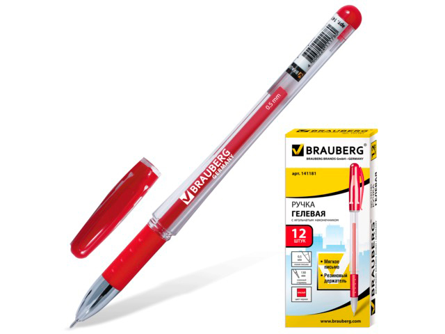 Ручка гелевая BRAUBERG "Geller", игольчатый узел 0,5 мм, линия 0,35 мм, резиновый упор, красная, 141181
