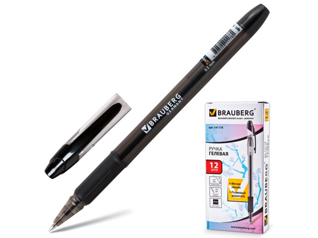 Ручка гелевая BRAUBERG "Samurai", корпус тонированный, узел 0,5 мм, линия 0,35 мм, резиновый упор, черная, 141178