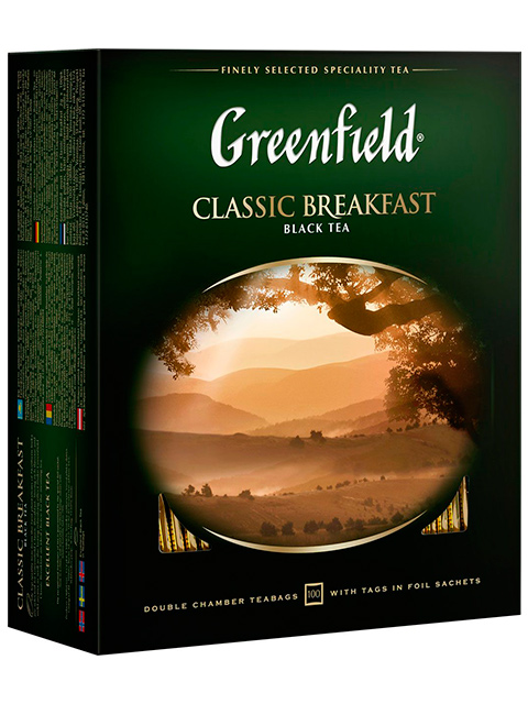 Чай Greenfield черный в пакетиках с ярлыками 2 гр100 штук Classic Breakfast, в коробке