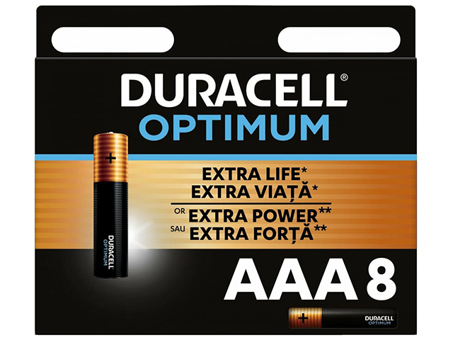 Батарейка щелочная (алкалиновая) (мизинчиковая) Duracell Optimum LR03-8BL (8шт) в коробке