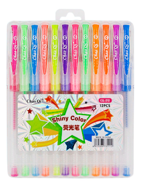 Набор гелевых ручек Basir "Shiny Color" 12 цветов, флуоресцентные, с резиновым держателем, в пластиковом боксе