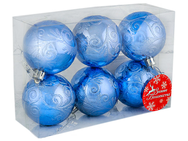 Набор елочных игрушек Шары Синий иней, 6 см, синий,  пластик, 6 штук в упаковке