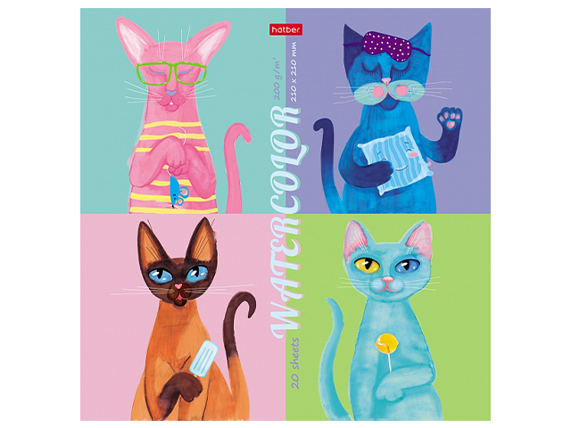 Альбом для акварели 20 листов Хатбер "МЫ-кошки" на склейке, 21х21см