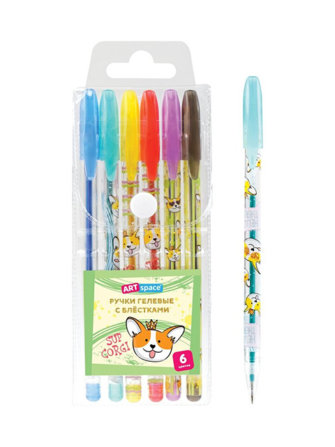 Набор гелевых ручек  ArtSpace "Милые зверушки", 6 цветов, 1,0мм, с блестками, ПВХ чехол
