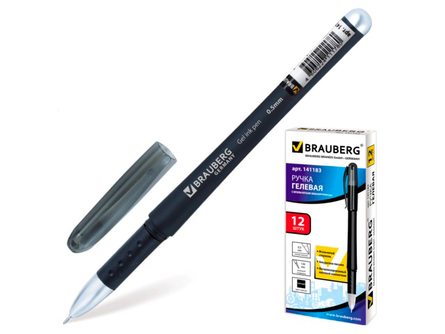 Ручка гелевая BRAUBERG "Impulse", игольчатый узел 0,5 мм, линия 0,35 мм, резиновый упор, черная, 141183