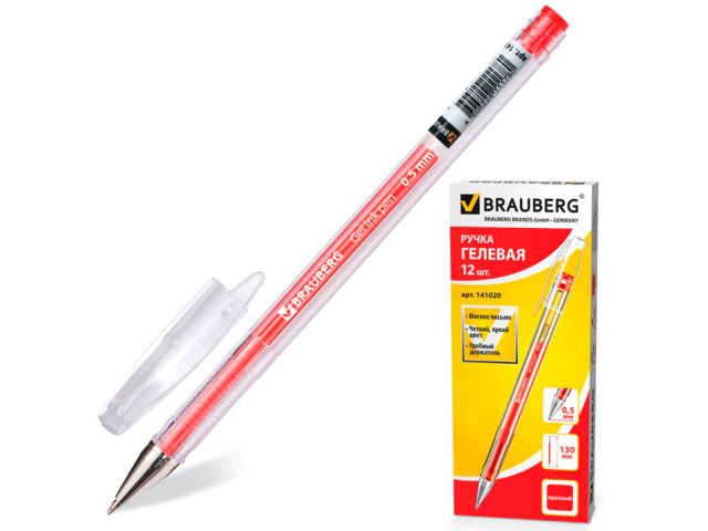 Ручка гелевая BRAUBERG "Jet", корпус прозрачный, узел 0,5 мм, линия 0,35 мм, красная, 141020
