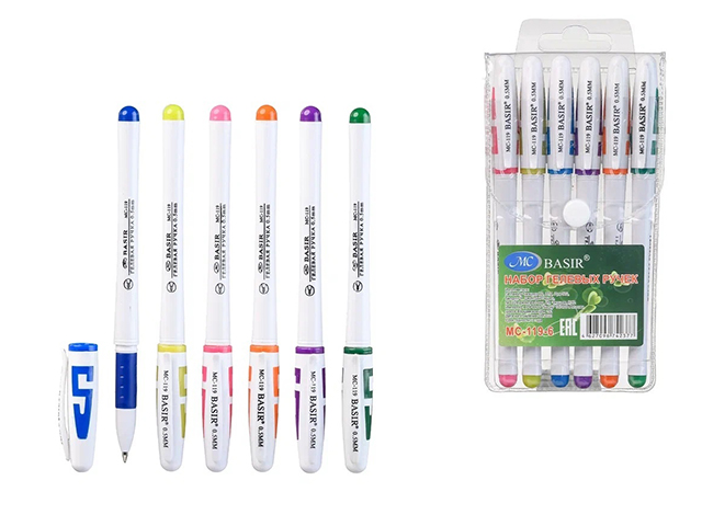 Набор гелевых ручек Basir, 6 цветов, белый корпус, в ПВХ упаковке