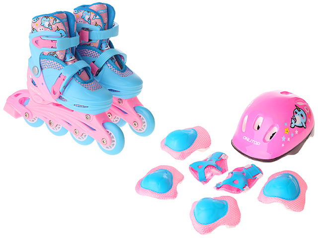 Роликовые коньки для девочек с защитой, раздвижные р-р 34-37, голубой/розовый