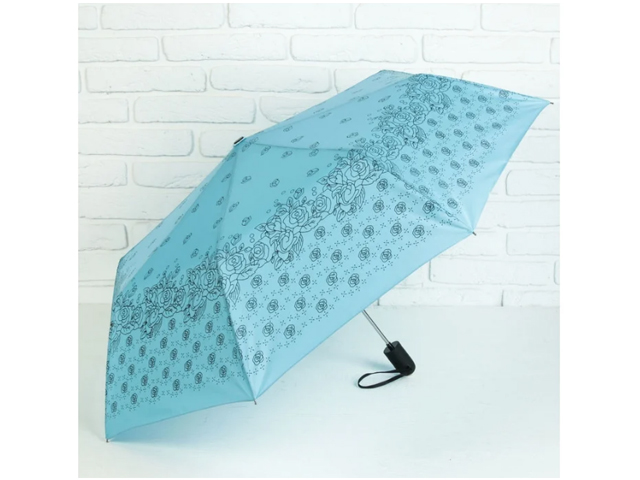 Зонт женский, полуавтомат "Розочки" П/Э,  R55, 8 спиц, голубой