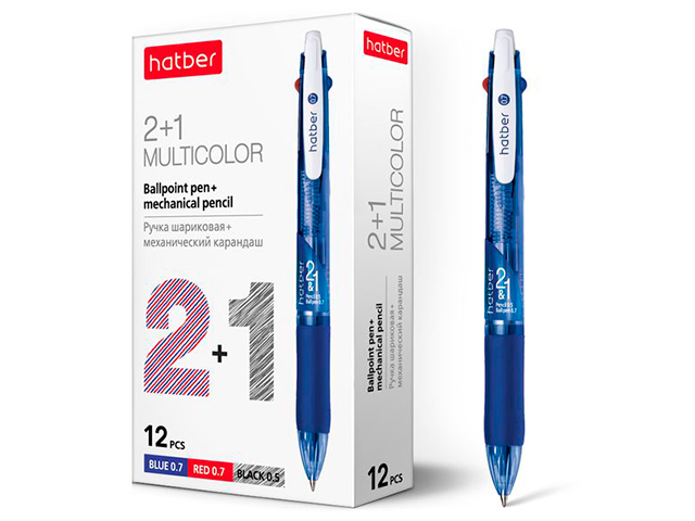 Ручка шариковая автоматическая 2в1 Hatber (ручка+карандаш), 0,7 мм, корпус пластиковый