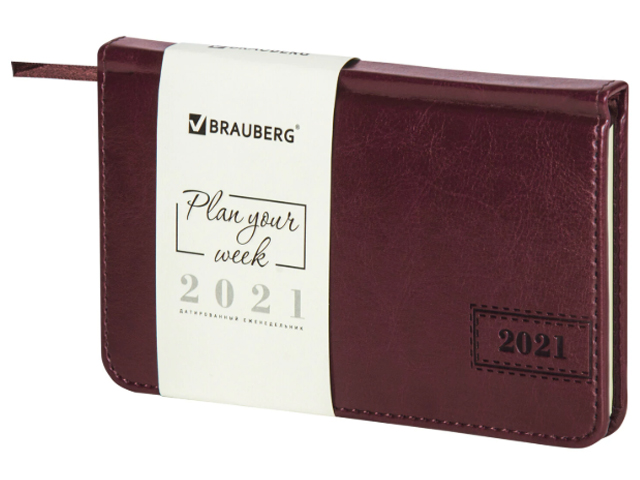 Еженедельник датированный 2021 А6 BRAUBERG "Imperial", кожзам, бордо, 111556