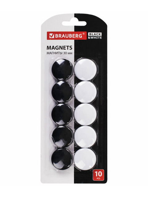 Магниты BRAUBERG "BLACK&WHITE", диаметр 30 мм, 10 шт, черные/белые