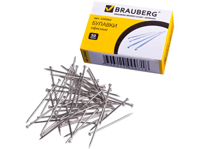 Булавки "Brauberg" офисные 24 мм, 500 штук в картонной упаковке