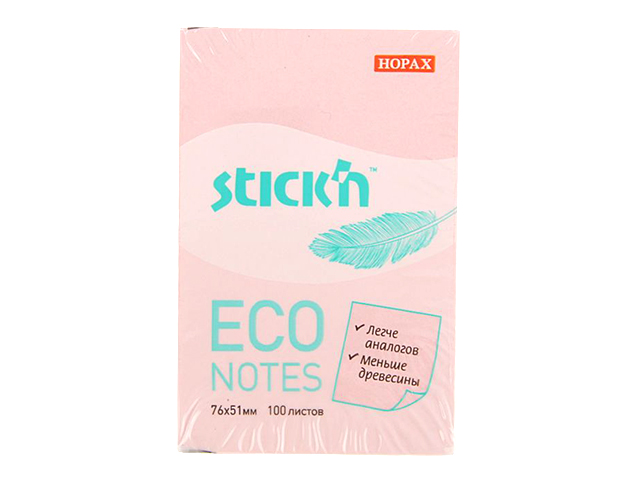 Блок для записей с клеевым краем Stick'n "ECO Notes" 76х51 мм 100 листов, светло-розовый