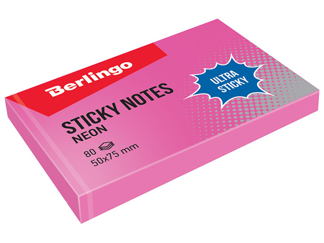 Блок для записей с клеевым краем Berlingo "Ultra Sticky", 50*75мм, 80л, розовый неон