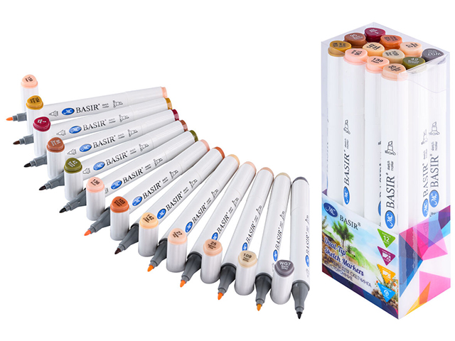 Набор маркеров для скетчинга Basir, 1-7 мм, двусторонние, 12 цветов, телесные и коричневые тона, в пластиковой упаковке