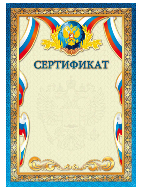 Сертификат А4 с Российской символикой синяя рамка, стандарт