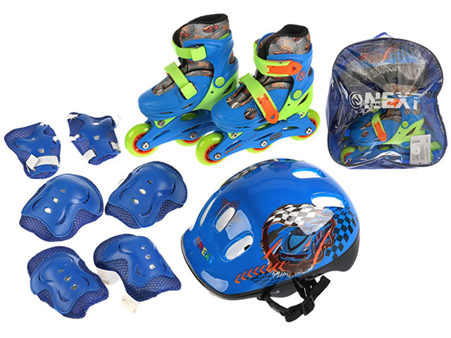 Роликовые коньки NEXT с защитой и шлемом, раздвижные, синие, р-р 27-30, в рюкзаке