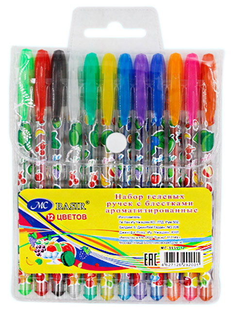 Набор гелевых ручек Basir "Фрукты" 12 цветов, ароматизированные с блестками
