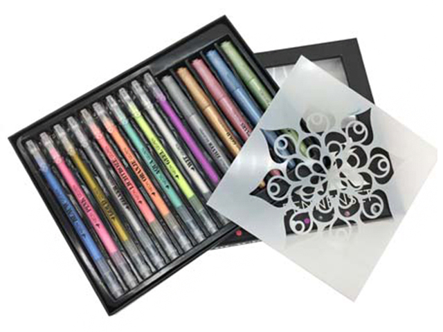 Набор гелевых ручек Intelligent 10 цветов+ 5 маркеров металлик, трафарет по черной и белой бумаге