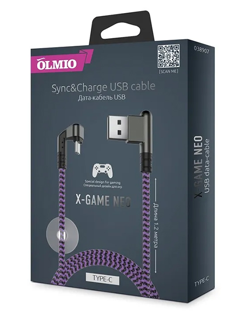 Дата-кабель OLMIO USB 2.0 Type-C, 1.2м, 2.1A, игровой, угловой, X-Game Neo