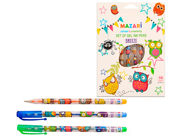 Набор гелевых ручек Mazari "Breeze" 10цв. 0.8мм, с блестками, аромат.