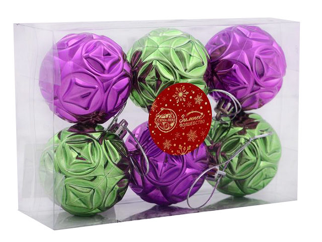 Набор елочных игрушек Шары "Сфера", фиолетово-зеленый 6 см, пластик, 6 штук в упаковке
