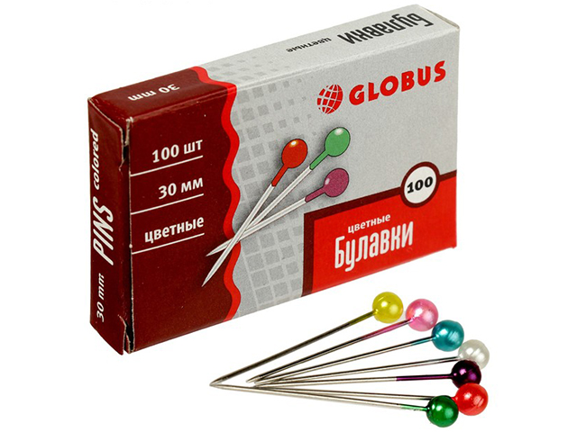 Булавки Globus канцелярские 30 мм, с цветными головками, 100 штук, в коробке