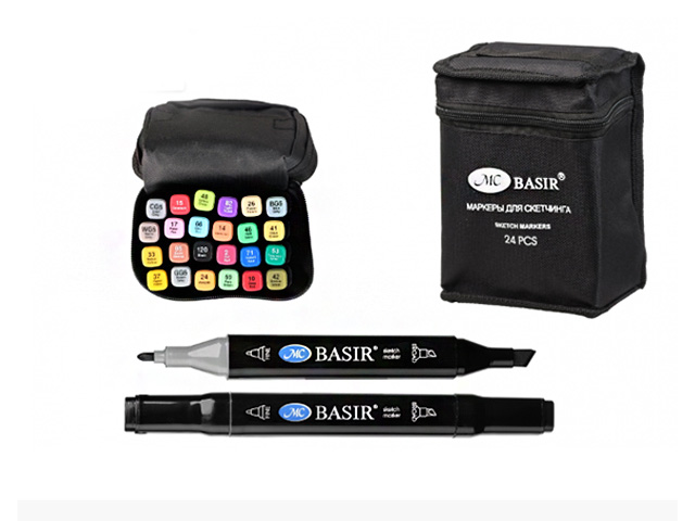Набор маркеров для скетчинга Basir, 1-7 мм, двусторонние, 24 цвета, цвет ассорти, в тканевой сумке