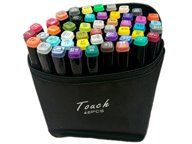 Набор маркеров для скетчинга Basir, 1-7 мм, двусторонние черные, 48 цветов, в тканевой чёрной сумке