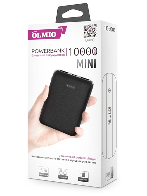 Аккумулятор внешний OLMIO "MINI-10", 10000mAh, 2.1А, micro USB, черный