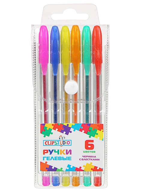 Набор гелевых ручек ClipStudio  6 цветов с глиттером  0,7мм, в ПВХ пенале