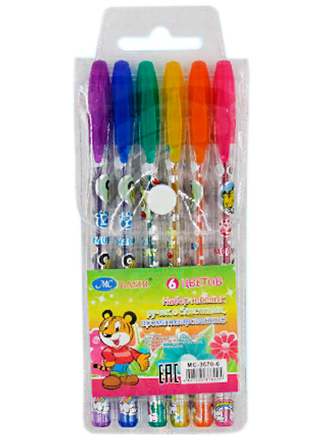 Набор гелевых ручек "Basir. Тигрята" ароматизир. с блестками, 6цв. в упак.