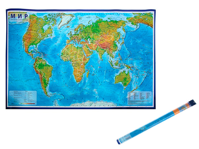 Карта "Мир физический" 1:29М, 101х66 см, настенная