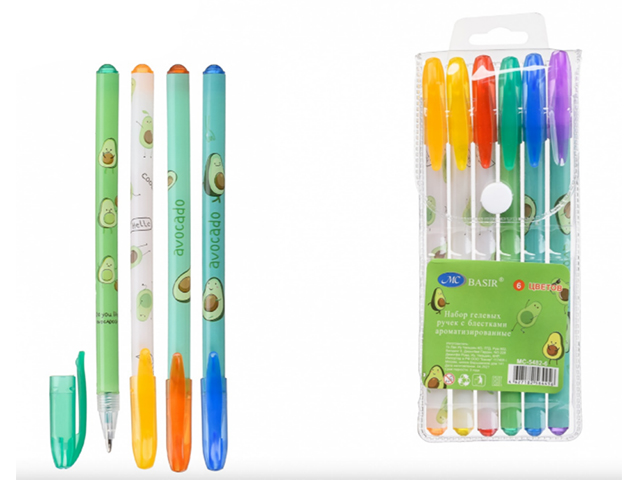 Набор гелевых ручек "Basir. Авокадо" ароматизир. с блестками, 6цв. в упак.