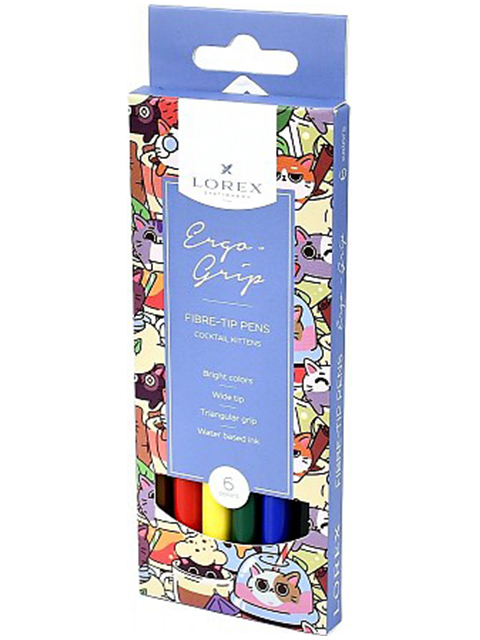 Фломастеры LOREX "ERGO-GRIP. COCKTAIL KITTENS" 6 цветов, смываемые чернила, в картонной упаковке