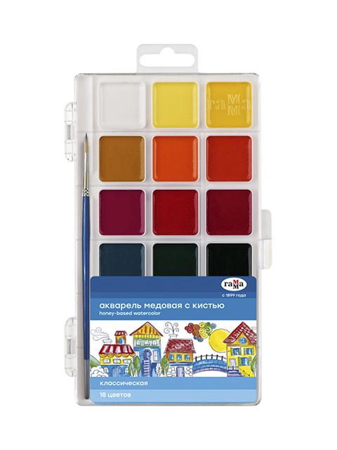Краски акварельные Гамма "Классические" 18 цветов, с кистью, пластиковая упаковка