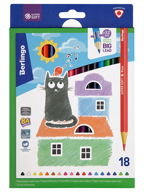 Карандаши цветные Berlingo "Super Soft. Жил-был кот" 18 цветов, деревянные, заточенные, трехгранные, в картонной упаковке