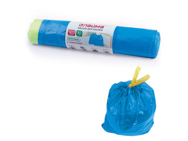 Мешки для мусора, 120 л, комплект 10 шт., рулон, ПВД, прочные, 67х90 см (±5%), 35 мкм, с завязками, синие, ЛАЙМА, 601399